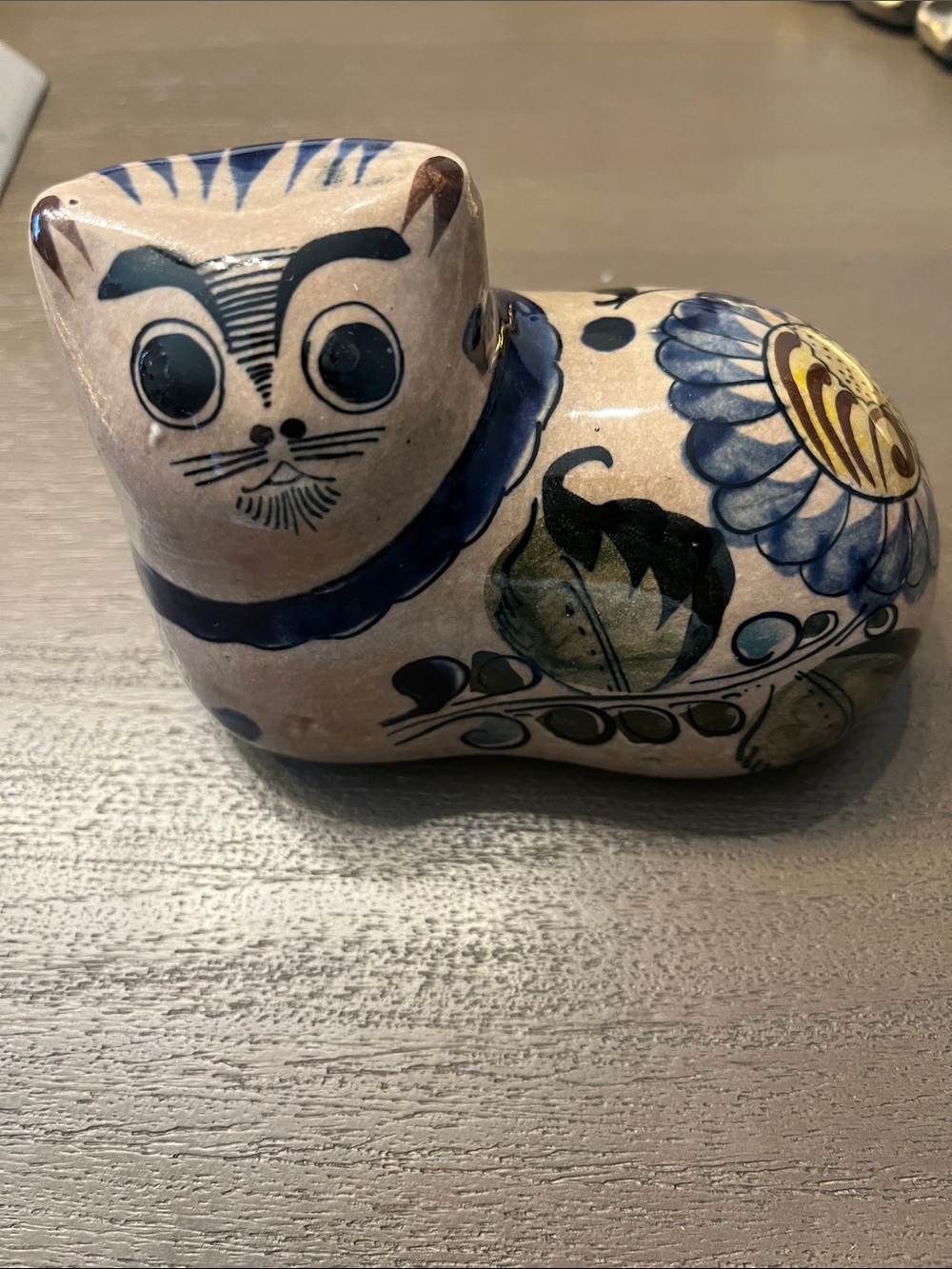 Tonala Hand Painted Ceramic Cat Figurine Blue Cream Mexican Folk Art